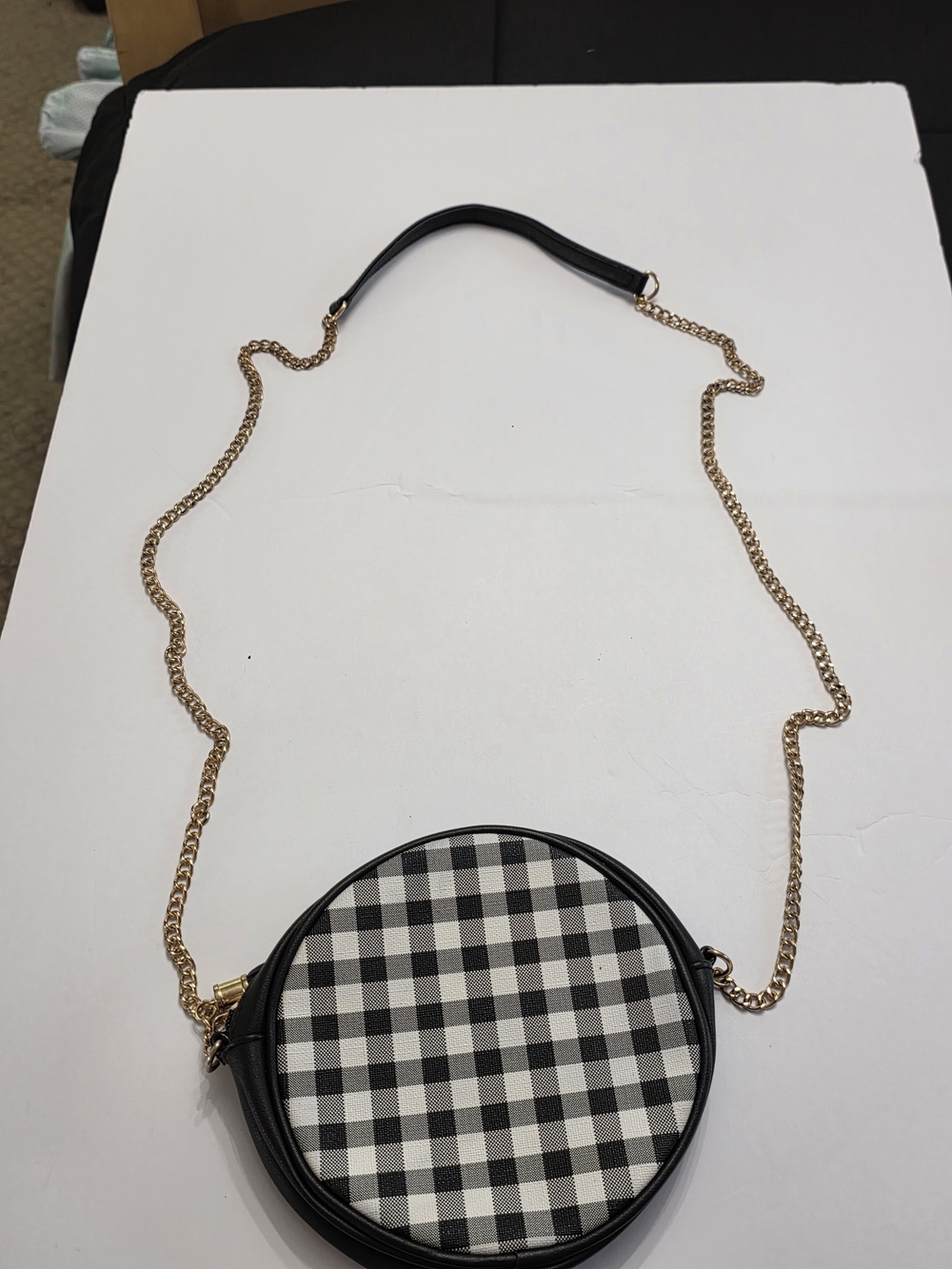Black Gingham Round Crossbody Bag with Gold Chain